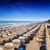 Una spiaggia affollata con ombrelloni e lettini allineati lungo la costa.